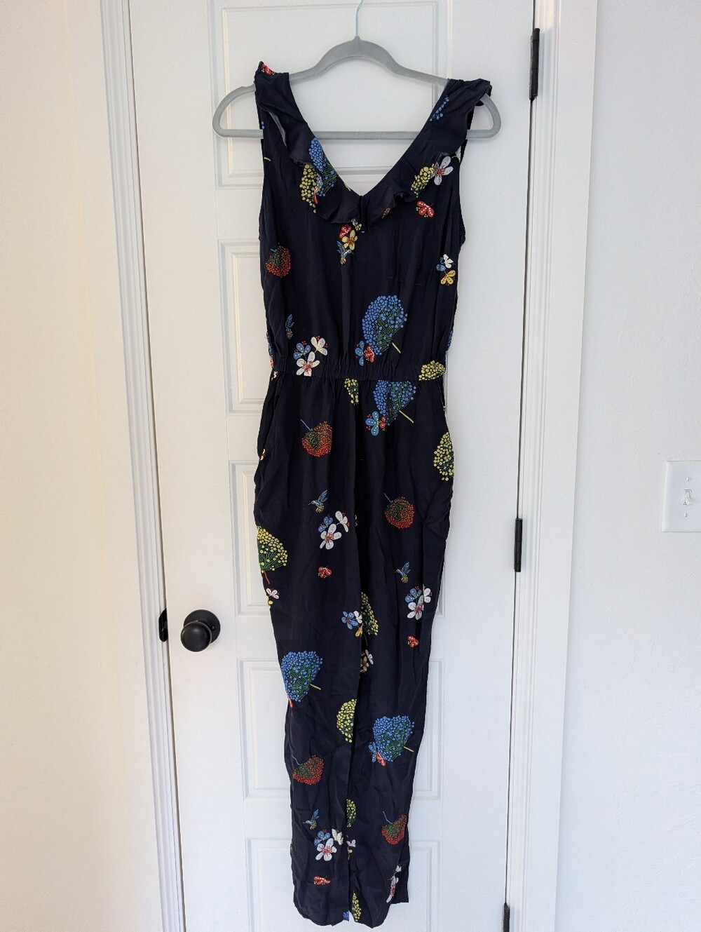 LOFT Floral Hummingbird Print Ruffle-Trim Jumpsuit
